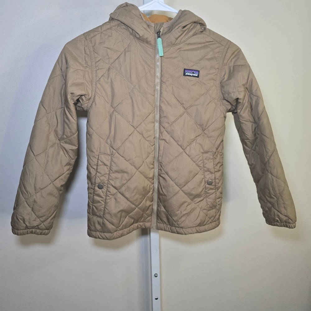 Patagonia Boys Diamond Quilted Hooded Jacket Tan Khaki Full Zip Coat Size S 7-8